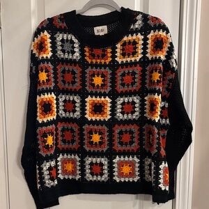 NWT BiBi Women's Black and Multicolor Crochet granny squares Sweater L